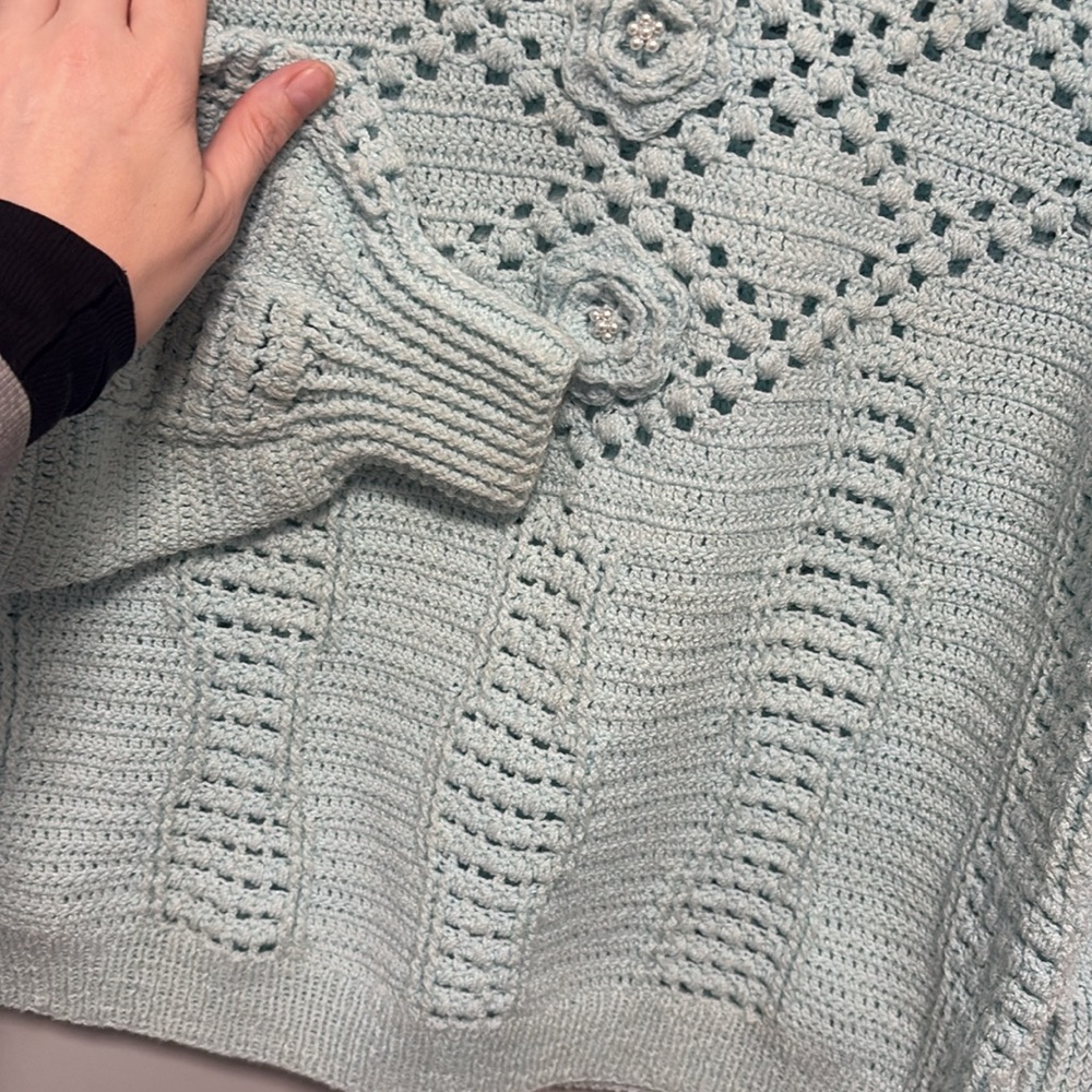 Mint Green Vintage Hand knit Sweater Rhinestone Embellished - Picture 4 of 5